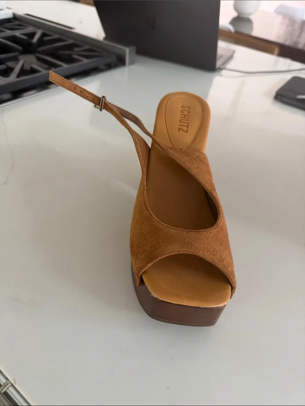 SCHUTZ Brown Suede Platform Slingback Sandals